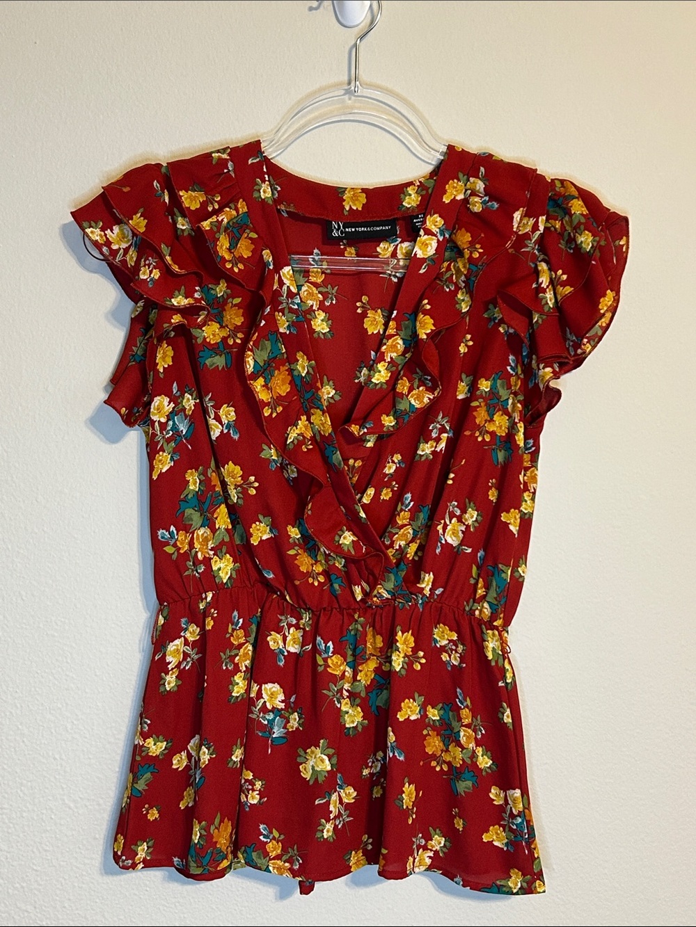 NY & Company Vibrant Red Floral Ruffle Peplum Blouse XS
